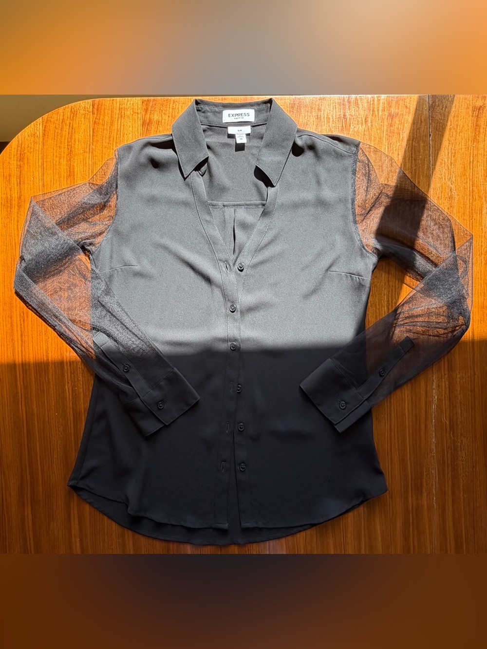 Express Black Portofino Button-Down Top with Sheer Sleeves Size XS Slim-Flit - Picture 13 of 15